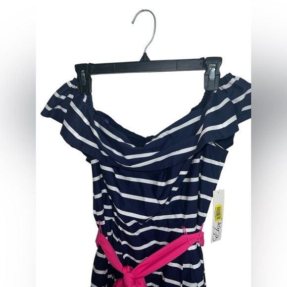 Nwt Eliza J Fit & Flare Pleated Navy Cream Striped Dress Belted Pink Bow Sash 6 - Picture 4 of 8